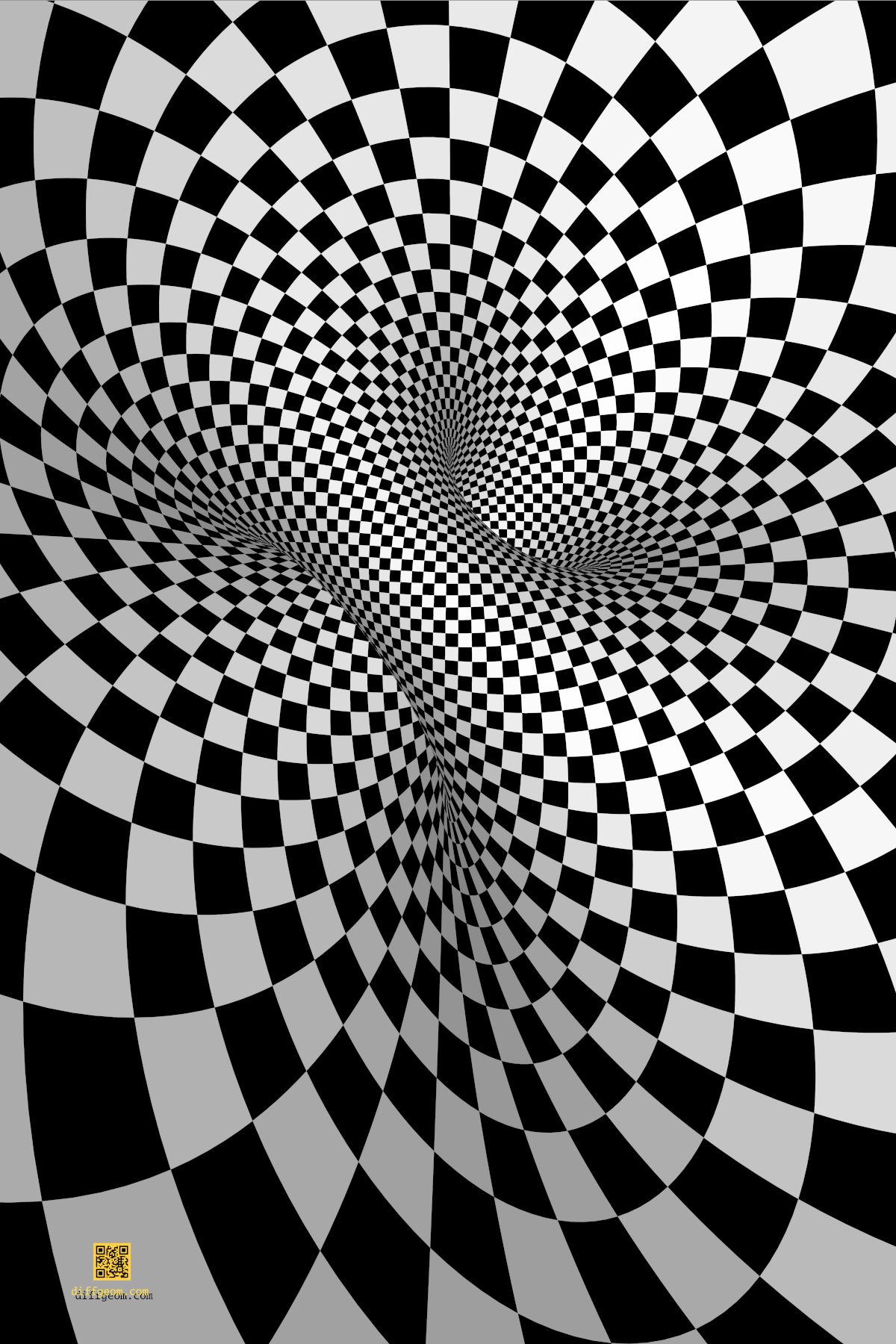 A parabolic cyclide surface with one topological handle and one planar end covered with a gray-and-black checkerboard pattern.