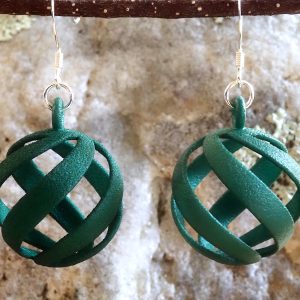 Globe-like 20mm green nylon spiral earrings with 5-fold symmetry.